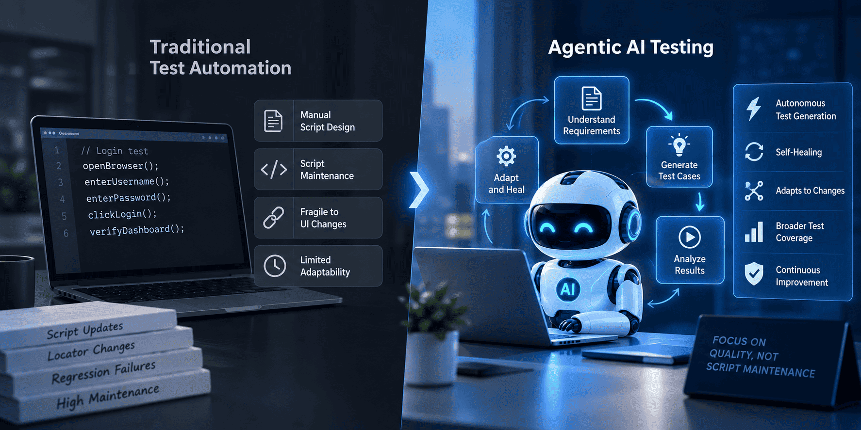 Agentic AI testing implementation roadmap showing seven steps: defining objectives, assessing the current environment, setting up integrations, starting a pilot, validating results, integrating with CI/CD, and scaling continuously.