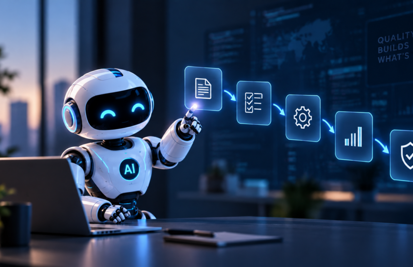 Agentic AI testing robot using a holographic workflow to illustrate autonomous software testing and quality engineering.