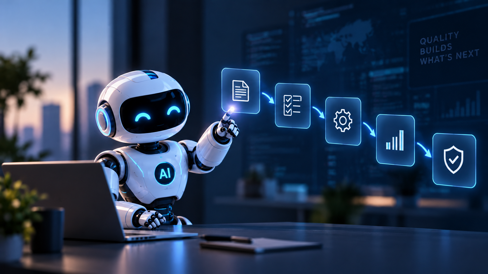 Agentic AI testing robot using a holographic workflow to illustrate autonomous software testing and quality engineering.