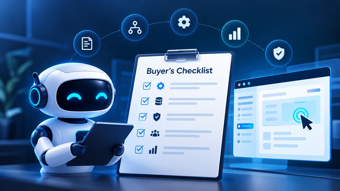 AI-powered buyer’s checklist for evaluating an agentic AI testing platform, with criteria for capabilities, security, integration, and analytics.